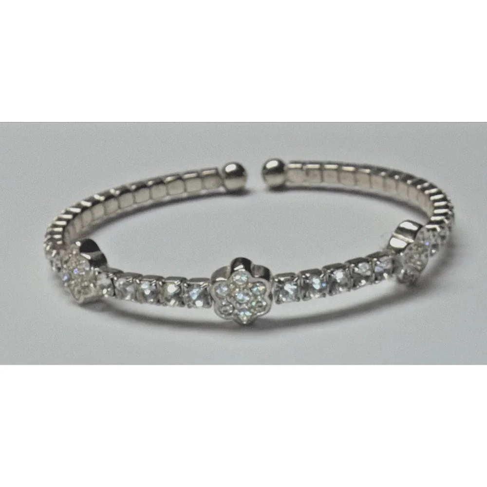 Vintage Clear Rhinestone Silver Cuff Bracelet Flower Clover